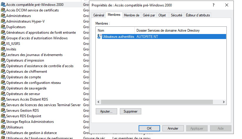 Capture d'écran montrant les membres par défaut de l'accès compatible pré-Windows 2000